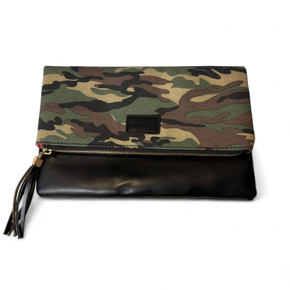 Black Camo foldover clutch with black leather trim by Funky Monkey. Like new!